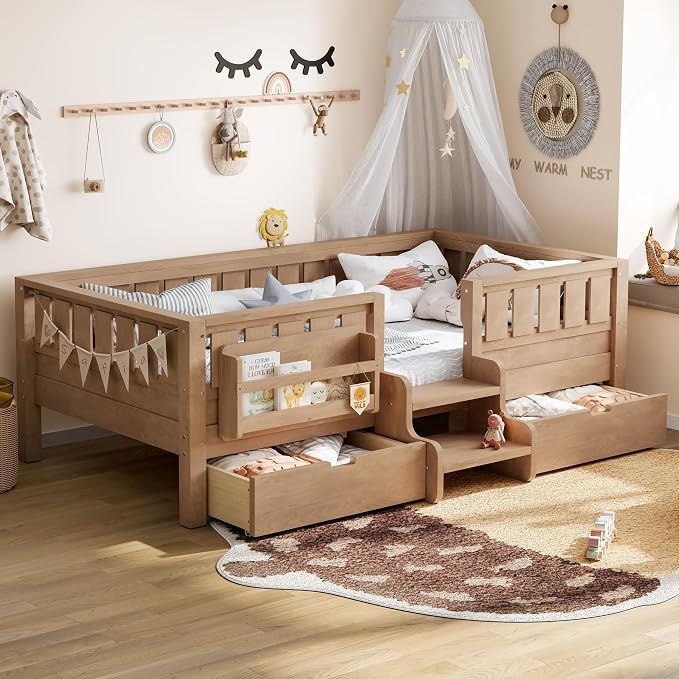 Bellemave Twin Montessori Bed with Stairs, Rails and Slats, Twin Size Montessori Floor Bed with Bookshelf and 2 Storage Drawers, Easy Assemble Beds Frame for Girls, Boys, Natural