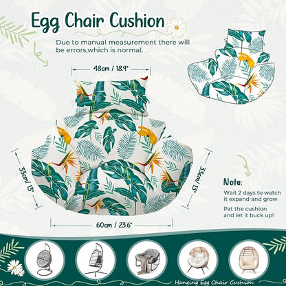 Waterproof Egg Chair Cushion Replacement 47x31.5x4.7 inch Thicken Hanging Egg Swing Chair Cushion IndoorUthem Outdoor Wicker Rattan Hammock Basket Cushion with Headrest Pillow, Yellow-Green Leaf