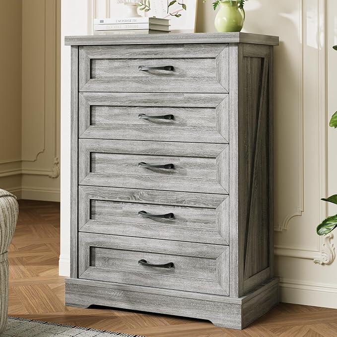 AODK Farmhouse 5 Drawer Dresser for Bedroom, 47" Tall Engineered Wooden Chest of Drawers with Metal Handle, Modern Storage Cabinet and Organizers for Closet, Living Room, Entryway, Gray