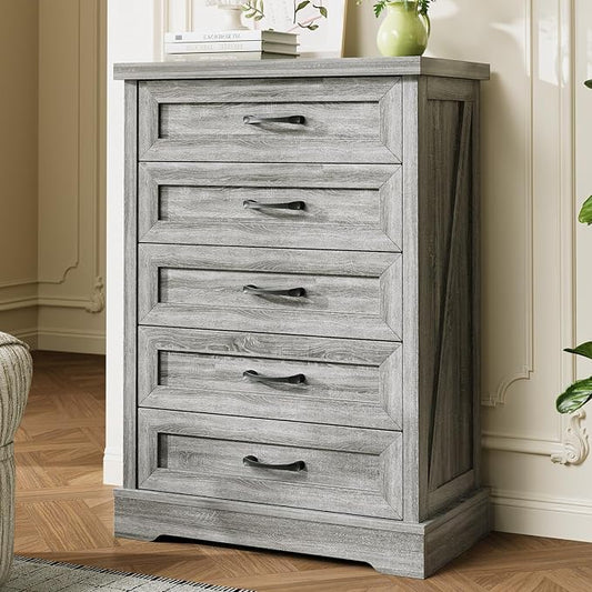 AODK Farmhouse 5 Drawer Dresser for Bedroom, 47" Tall Engineered Wooden Chest of Drawers with Metal Handle, Modern Storage Cabinet and Organizers for Closet, Living Room, Entryway, Gray