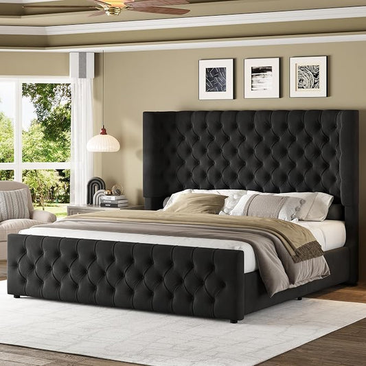 Jocisland California King Size Upholstered Bed Frame with 6.3-Inch Curved Wingback Headboard, Tufted Footboard, Wood Slats, No Box Spring Needed, Black Velvet