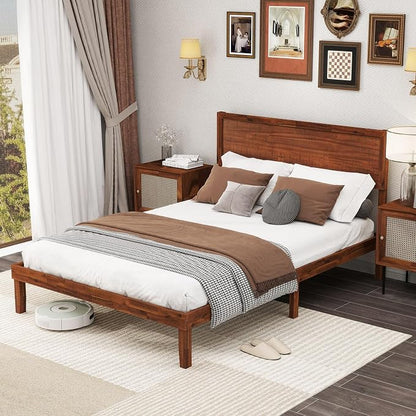 KOMFOTT Full Size Wood Bed Frame with Headboard, Solid Acacia Wood Platform Bed Frame, Wooden Slats Supported Bed Base with Under-Bed Storage Space, No Box Spring Needed Mattress Foundation
