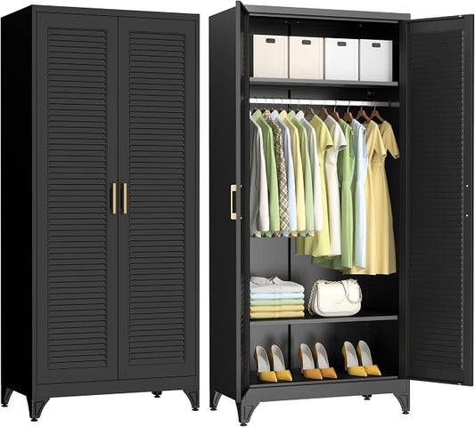 Polup 71" Tall Metal Armoire Wardrobe Closet with 2 Doors, Heavy Duty Steel Clothing Storage Cabinet with Hanging Rod & Adjustable Shelves, Freestanding Modern Locker Organizer for Bedroom, Office