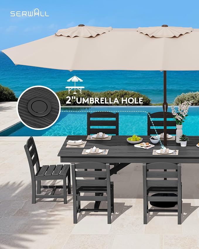 SERWALL 9 Piece 84" HDPE Outdoor Dining Set for 8 with Armless Chairs and Umbrelle Hole, Black