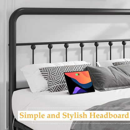 Fluest 14 Inch Queen Bed Frame Classic Metal Platform Bed Frame with Charging Station & LED, Victorian Style Iron-Art Headboard/Footboard, Under Bed Storage, No Box Spring Needed, Noise Free