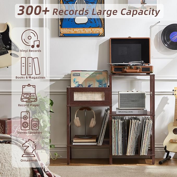 LELELINKY Record Player Stand, Vintage Walnut Wood Record Holder with Vinyl Storage Holds up to 300+ Albums, 3-Tier Rattan Media Table with Vinyl Display Shelf, Record Storage Cabinet for Living Room