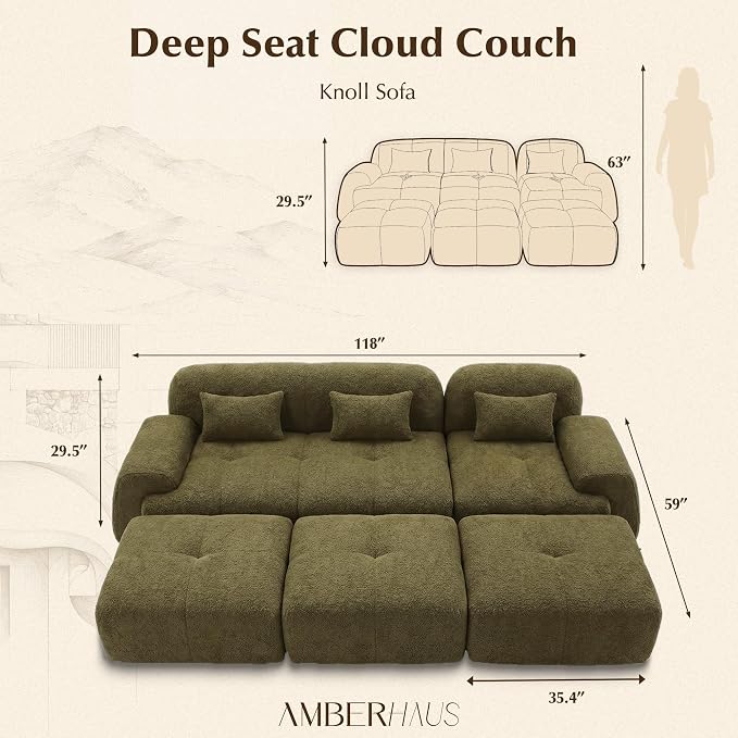 118'' Modular Sectional Cloud Couch Boneless Couches, Oversize Curved Sectional Couches for Living Room, Deep Seat Couch Lambswool Sofa with Ottoman & Throw Pillows, No Assembly, HR Foam