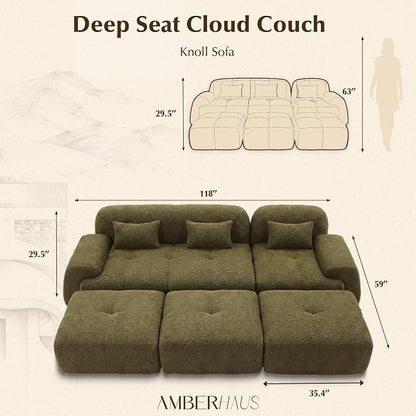 118'' Modular Sectional Cloud Couch Boneless Couches, Oversize Curved Sectional Couches for Living Room, Deep Seat Couch Lambswool Sofa with Ottoman & Throw Pillows, No Assembly, HR Foam
