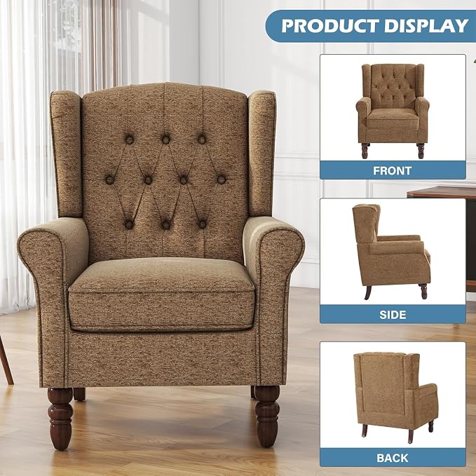 High Back Accent Chair, Fabric Wingback Chair Upholstered Armchair for Living Room, Retro Comfy Single Sofa Bedroom Reading Seat with Solid Wood Legs - Brown