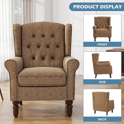 High Back Accent Chair, Fabric Wingback Chair Upholstered Armchair for Living Room, Retro Comfy Single Sofa Bedroom Reading Seat with Solid Wood Legs - Brown
