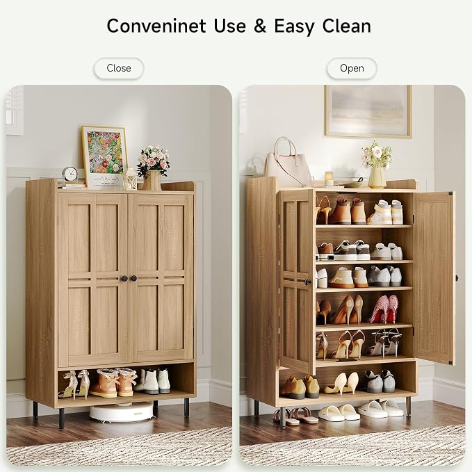 ONBRILL Shoe Cabinet with Cross Molding Doors, 6-Tier Shoe Storage Cabinet with 3 Adjustable Shelves and Metal Legs, 45'' Tall Shoes Rack Organizer Cabinet for Entryway, Front Door, Natural Oak