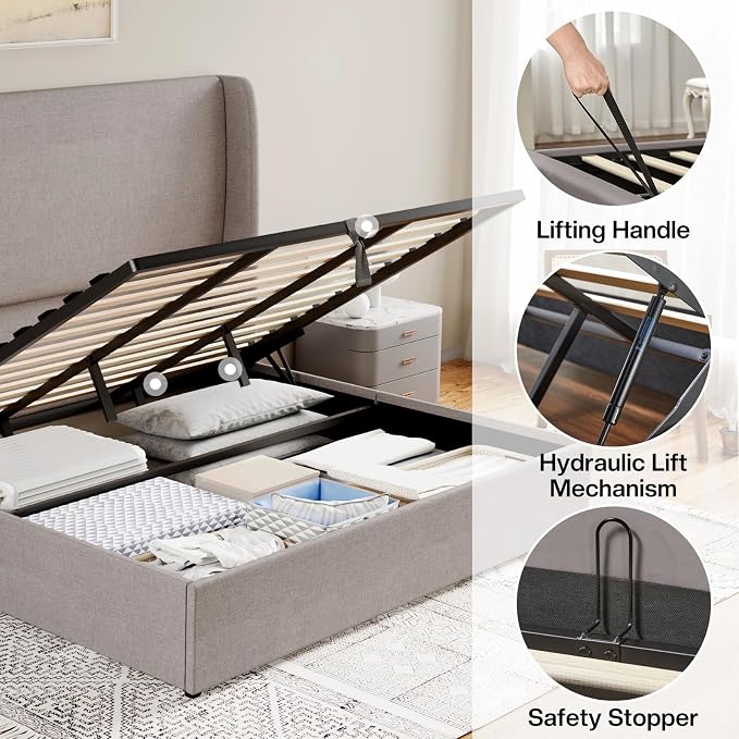 Jocisland King Size Upholstered Platform Bed Frame with Hydraulic Lift Storage, Wingback Headboard, Wood Slats Support, No Box Spring Needed, Linen Light Grey