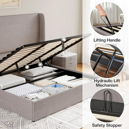 Jocisland King Size Upholstered Platform Bed Frame with Hydraulic Lift Storage, Wingback Headboard, Wood Slats Support, No Box Spring Needed, Linen Light Grey
