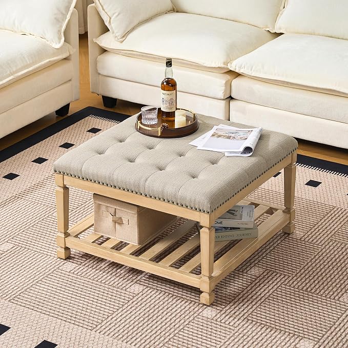 Befurtori Large Square Ottoman Coffee Table, Linen Solid Upholstered Footrest Ottoman with Solid Wood Shelf Storage Tufted Coffee Table for Bedroom Living Room-Gray Linen