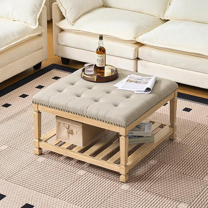 Befurtori Large Square Ottoman Coffee Table, Linen Solid Upholstered Footrest Ottoman with Solid Wood Shelf Storage Tufted Coffee Table for Bedroom Living Room-Gray Linen