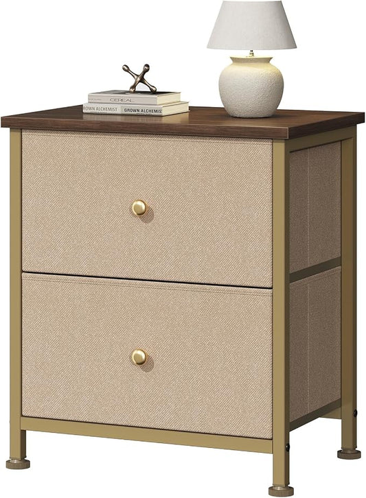 DUMOS Nightstand, Bedside Table for Bedroom, Small Dresser, 2 Fabric Drawer | Side/End Table with Drawers, Storage Cabinet Furniture, 20 Inch Night Stand for Closet, Entryway, Khaki