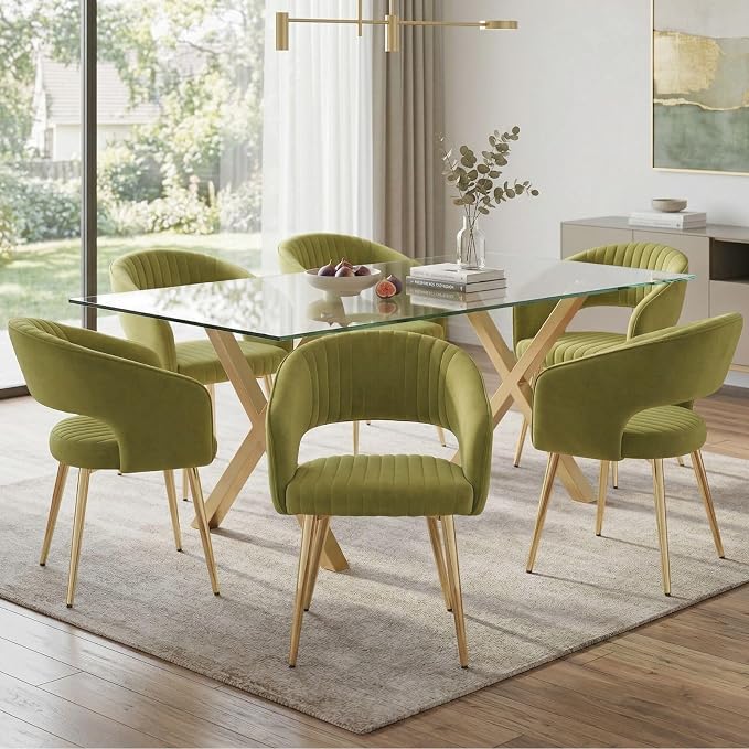 Hyfirm Green Velvet and Gold Dining Chairs, Set of 6 Modern Upholstered Arm Chairs with Hollow Backrest, Tufted Accent Side Chair with Sturdy Metal Legs for Dining Room, Living Room, Kitchen, Salon