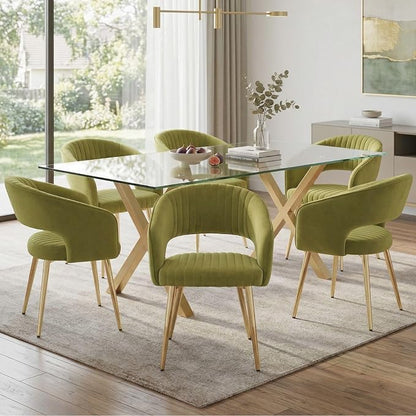 Hyfirm Green Velvet and Gold Dining Chairs, Set of 6 Modern Upholstered Arm Chairs with Hollow Backrest, Tufted Accent Side Chair with Sturdy Metal Legs for Dining Room, Living Room, Kitchen, Salon