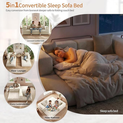 78.8" Convertible Sofa Bed with Armrest Pillow, 4-in-1 Sleeper Couch Bed for Livingroom, Modular Corduroy Boneless couches, No Assembly (Beige)