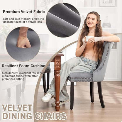 Mid Century Modern Dining Chair Set of 2 Velvet Upholstered Dining Accent Chair Farmhouse Dining Chairs with High Back and Nailhead Trim for Kitchen, Living Room, Bedroom (Gray)