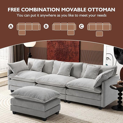 Ihanherry 111.4" L Shaped Modern Sofa Modular Sectional Cloud Couch with Ottoman, 4-Seat Chenille Deep Seat Sofa with Pillow for Living Room, Bedroom and Apartment, Grey