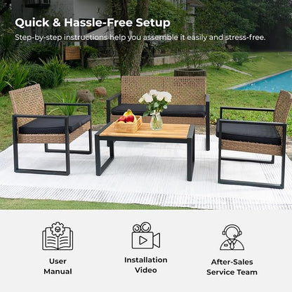 All-Weather 4 Piece Outdoor Rattan Patio Furniture Set (Light Brown) | Acacia Wood Table & Cushions