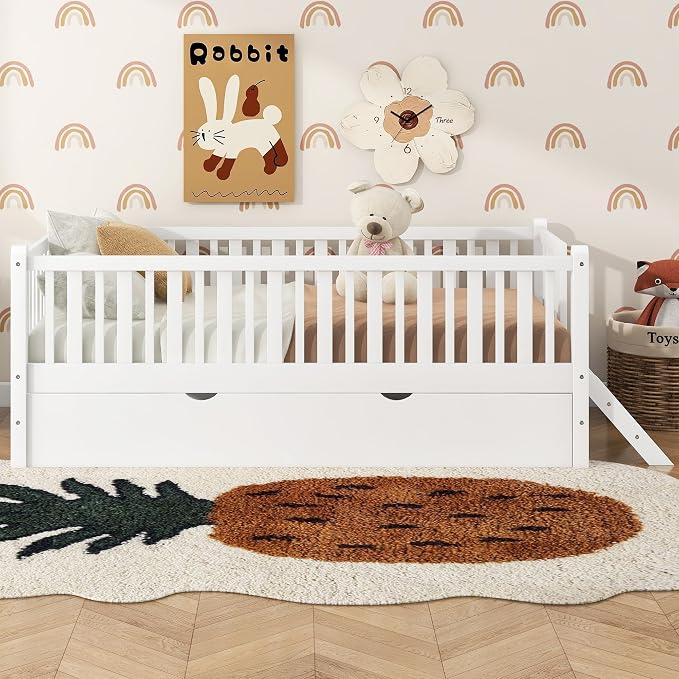Merax Wood Twin Size Platform Bed with Guardrail and Trundle, Kids Bed Frame with Stairs, White