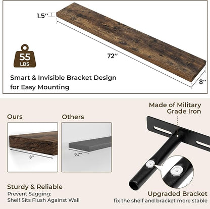 RICHFOCUS 72Inch Floating Shelves for Wall 1 Pack Shelves for Bedroom|Kitchen|Bathroom Wall Mounted Rustic Wood Floating Shelf with Invisible Brackets for Books|Storage|Decor, Rustic Brown