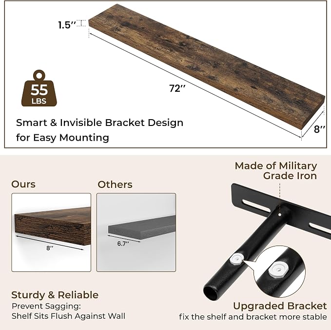 RICHFOCUS 72Inch Floating Shelves for Wall 2 Pack Shelves for Bedroom|Kitchen|Bathroom Wall Mounted Rustic Wood Floating Shelf with Invisible Brackets for Books|Storage|Decor, Rustic Brown