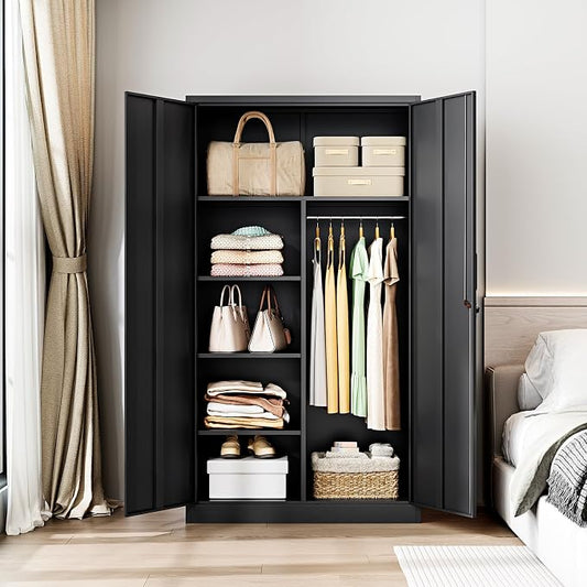 Letaya Metal Storage Cabinets Locker with Lock Door, 72'' Clothing Coat Steel Storage Freestanding Wardrobe for Office, Home, School, Employee,Gym,Fire Department (Black)