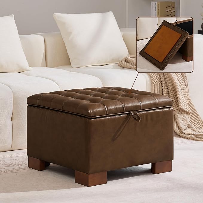 WUTUTUEE 24" Faux Leather Square Storage Ottoman with Wooden Tray, Modern Tufted Button Footstool Coffee Table, Upholstered Small Ottoman for Living Room, Bedroom, Coffee