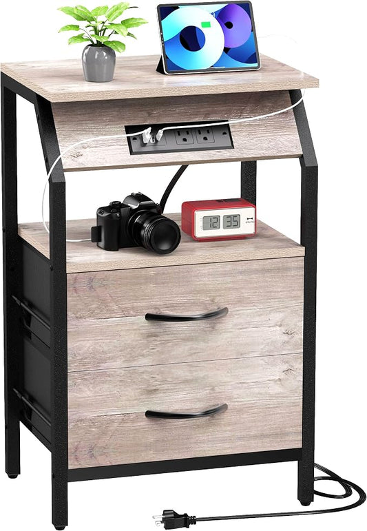 SZLHANJZ Storage End Table, Charging Nightstand with 2 Drawers, Small Fabric Night Stand for Bedside, Wood and Metal Side Table for Living Room, Dorm, Grey Oak