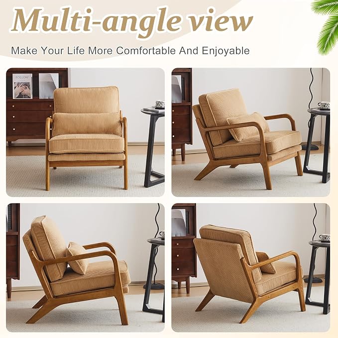 VINGLI Upgraded Premium Corduroy Accent Chairs Set of 2,Upholstered Arm Chair,Solid Wood Comfy Reading Chair with Lumbar Pillow, Mid Century Modern Chairs for Living Room,Bedroom,Khaki