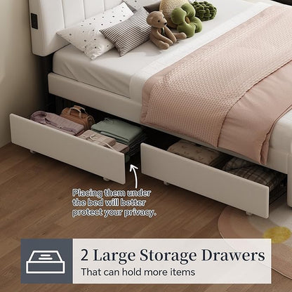 Queen Size Upholstered Platform Bed w/Trundle Bed & 2Storage Drawers | Twin Size Trundle,Two Drawers,LED Lighting Controlled by APP, USB+Type-C Charging Ports,Chenille Upholstered Bed Frame,Beige