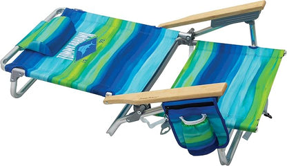 Tommy Bahama 2-Pack 5-Position Classic Lay Flat Backpack Beach Chair with Cooler and Cup Holder, Portable Folding Beach Chair for Tanning, Blue/Green
