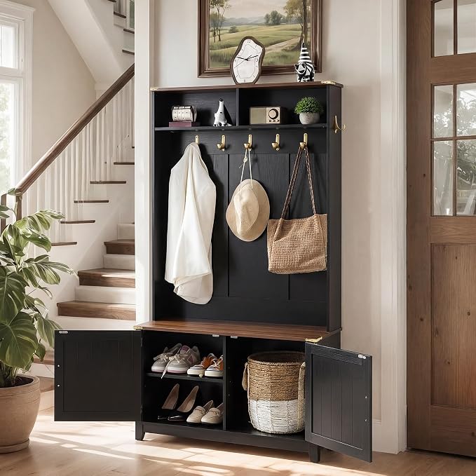 EROMMY 38" Farmhouse Hall Tree with Bench and Shoe Storage, Entryway Bench with Coat Rack, 2 Open Compartments, 7 Coat Hooks, Barn Door & Adjustable Shelf, Rustic Black and Brown