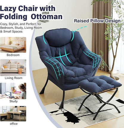 Furlide Lazy Chair with Ottoman, Modern Accent Chairs with Folding Footrest, Navy Blue Sofa Chair Set, Comfortable Reading Chairs, Oversized Armchairs for Bedroom, Study, Living Room, Courtyard