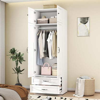 Armoire Wardrobe Closet with Doors: 89" Extra Tall White Wardrobe with Storage on Top, Bedroom Armoires with 2 Doors and 2 Drawers, Large Wood Closet Armoire for Hanging Clothes