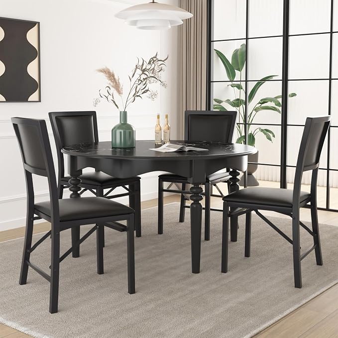 VECELO Folding Dining Chairs Set of 4, Metal Padded Foldable Seating with Comfortable Faux Leather, Space-Saving Portable Guest Seats for Kitchen & Office, No Assembly, Black