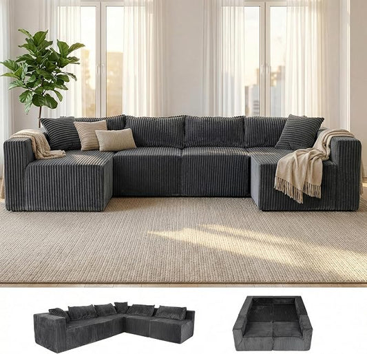 128" U-Shaped Modular Couch, Modern Sectional Couch with Double Chaise, Boneless Couch with Pillows, Deep Seat Sofa for Living Room Bedroom, No Assembly Required, Dark Grey