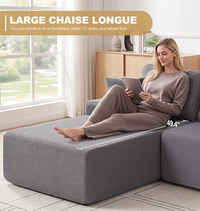 Hobestluk Modular Sectional Sofa Couches L-Shape Couch 3 Seat Modular Sofa Memory Foam Sectional Couches for Living Room, Cloud Couch with Oversized Chaise (Grey Smooth, 96", Left Hand Facing)