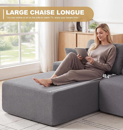 Hobestluk Modular Sectional Sofa Couches L-Shape Couch 3 Seat Modular Sofa Memory Foam Sectional Couches for Living Room, Cloud Couch with Oversized Chaise (Grey Smooth, 96", Left Hand Facing)