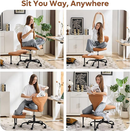 YFO Ergonomic Cross Legged Office Chair and ADHD Meditation Chair with Silent Wheels for Home Office Desk Chair and Yoga, Wider Backrest Support and Storage Pockets Design, PU Leather, Orange