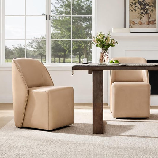 Watson & Whitely Leather Rolling Dining Chairs with Casters, Set of 2, Tan | Upholstered Seat, Removable Rollers, Modern Style, Armless Chairs for Dining Room, Living Room, Bedroom