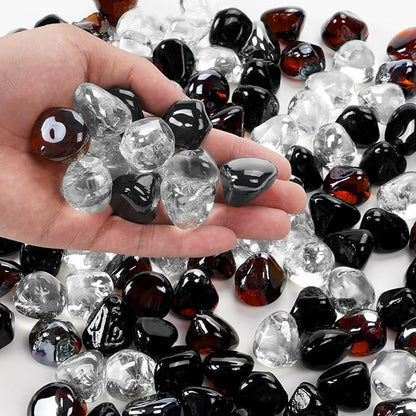 Blended Fire Glass Diamonds for Propane Firepit, Fireplace and Outdoor Decorative, 1 Inch Firepit Glass 20LB (Crystal Ice +Onyx Black + Amber)