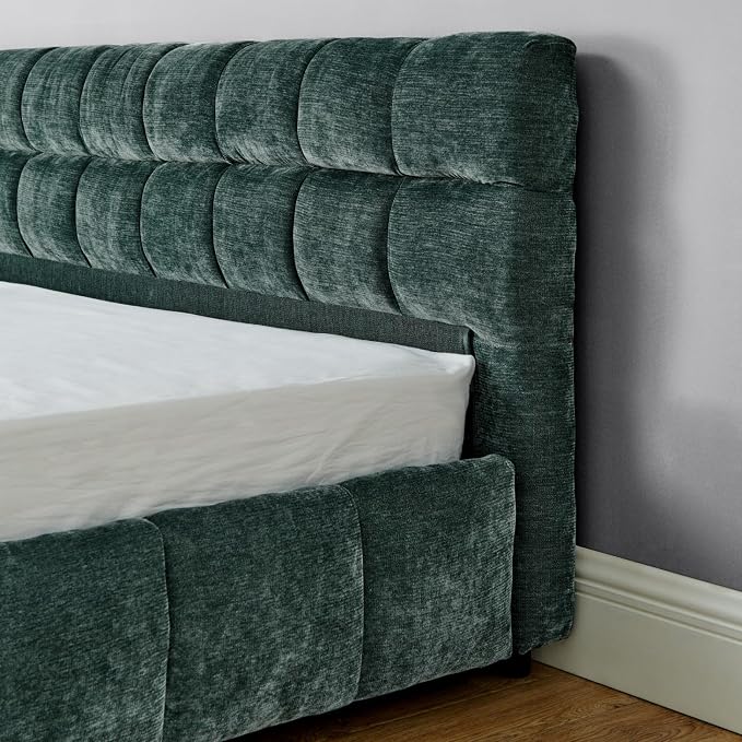 KEIKI King Thick Chenille Bed Frame with 4 Storage Drawer & Upholstered Tufted Headboard, Modern Solid Wood Floor Platform for Bedroom, No Box Spring Needed