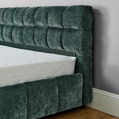 KEIKI King Thick Chenille Bed Frame with 4 Storage Drawer & Upholstered Tufted Headboard, Modern Solid Wood Floor Platform for Bedroom, No Box Spring Needed
