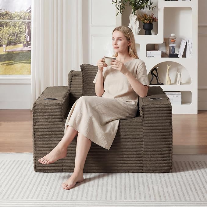Boneless Sofa Couch with Cup Holders & Side Pockets, Modern Corduroy Fabric Deep Seat Single Cloud Couch for Reading Living Room Office, No Assembly (Brown)