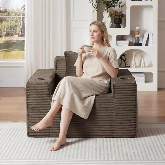 Boneless Sofa Couch with Cup Holders & Side Pockets, Modern Corduroy Fabric Deep Seat Single Cloud Couch for Reading Living Room Office, No Assembly (Brown)