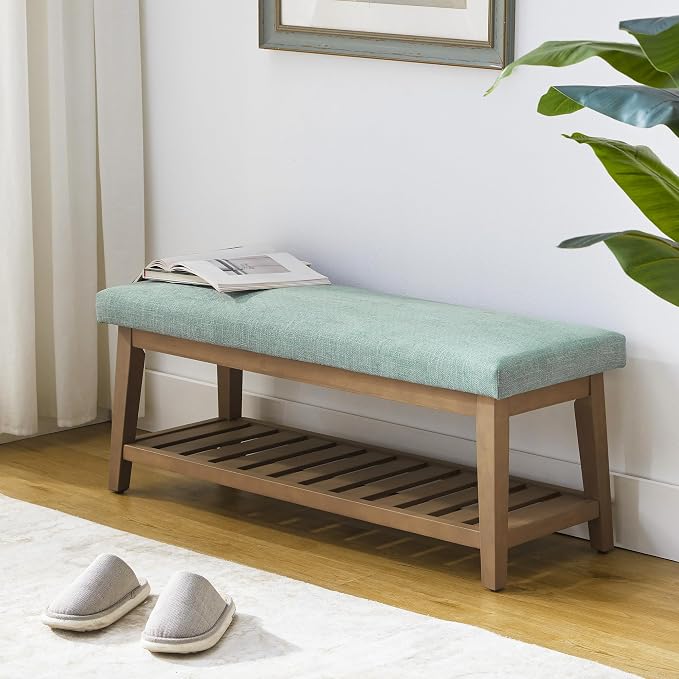 Zihanhome Entryway Shoe Bench with Cushion, End of Bed Bench,Upholstered Bench for Kitchen, Bench with Solid Wood Shelf, Fabric Ottoman Bench for Hallway, Living Room (Teal)